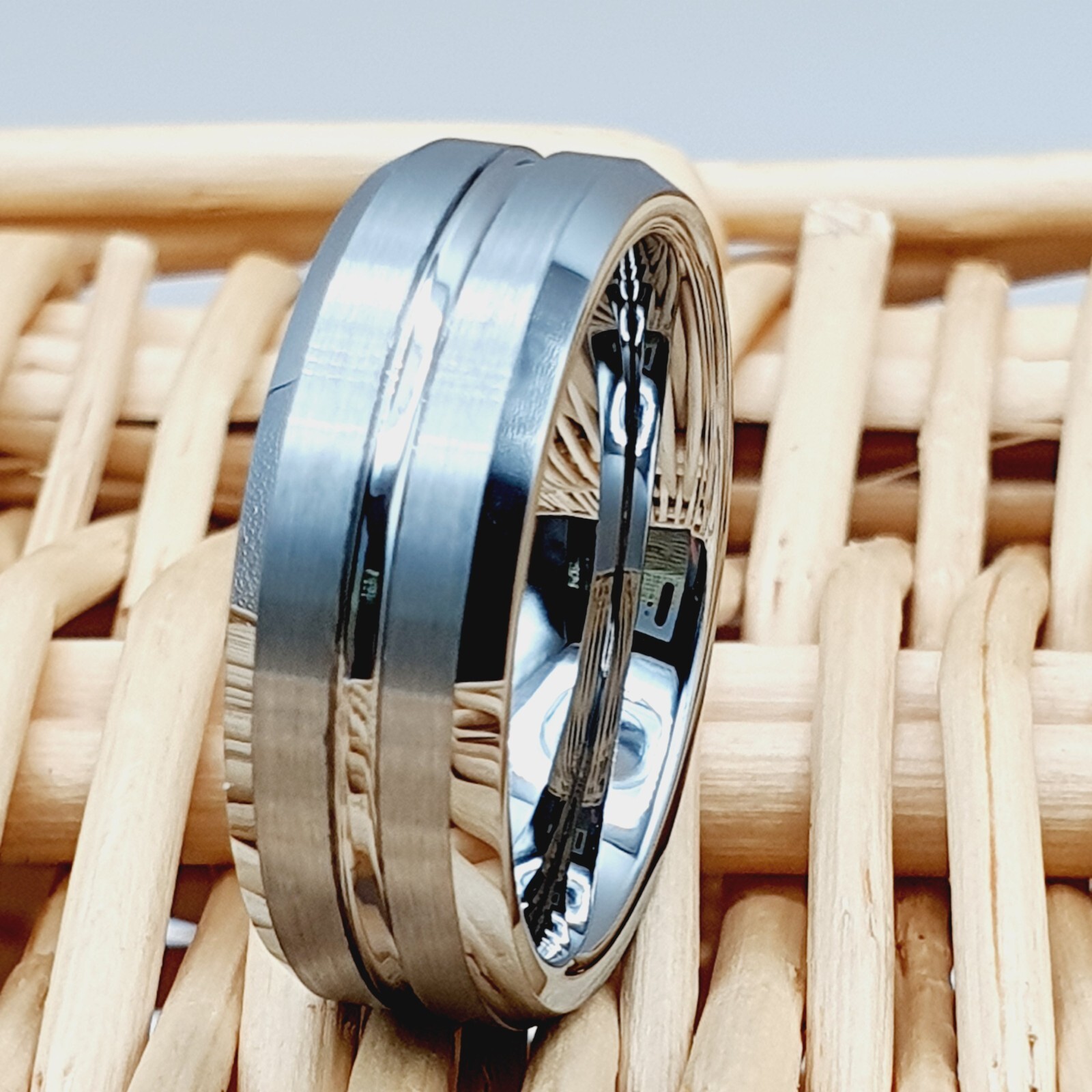 with Matte Grooved Center Anniversary Promise Ring for Her Tungsten Wedding Band