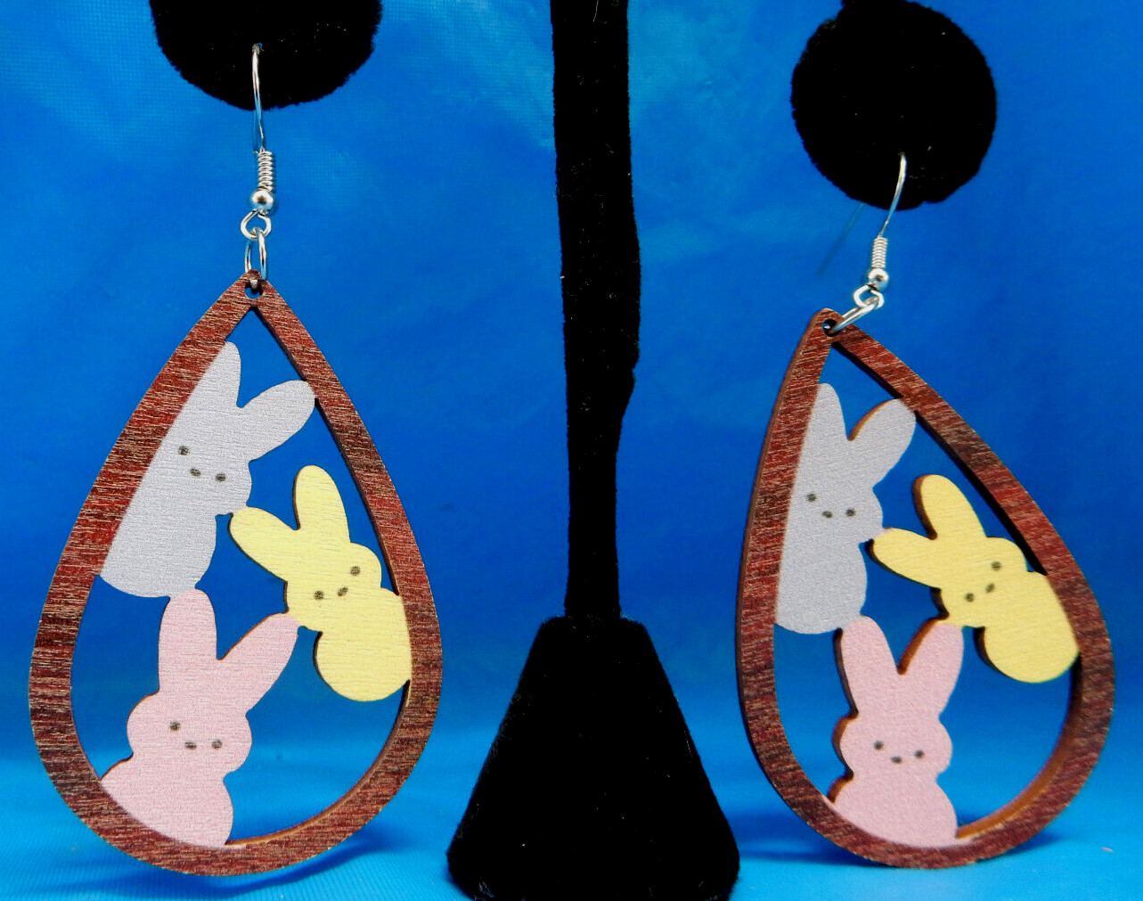 A-DOR-ABLE PEEPS BUNNY WOODEN CUTOUT EARRINGS, PERFECT 4 EASTER, SPRING, ANYTIME