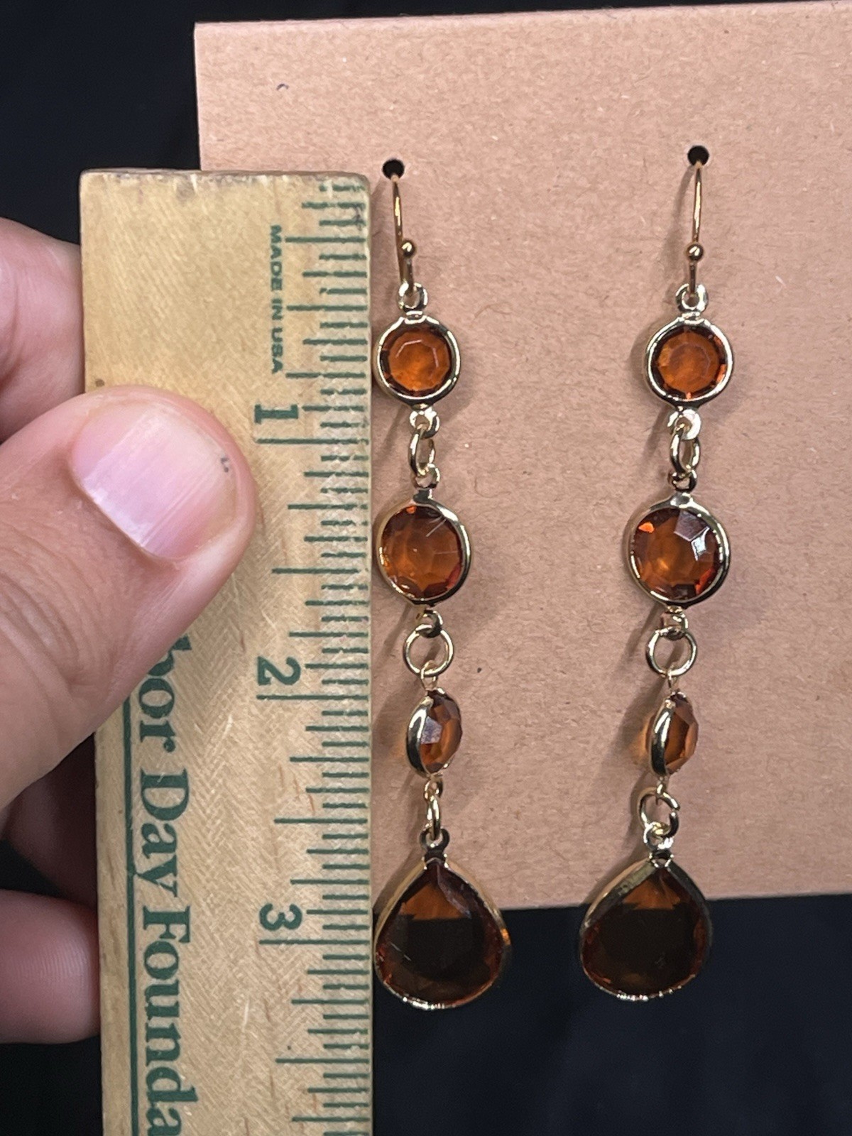 GOLD TONE FAUX CITRINE DANGLE EARRINGS 3.5”