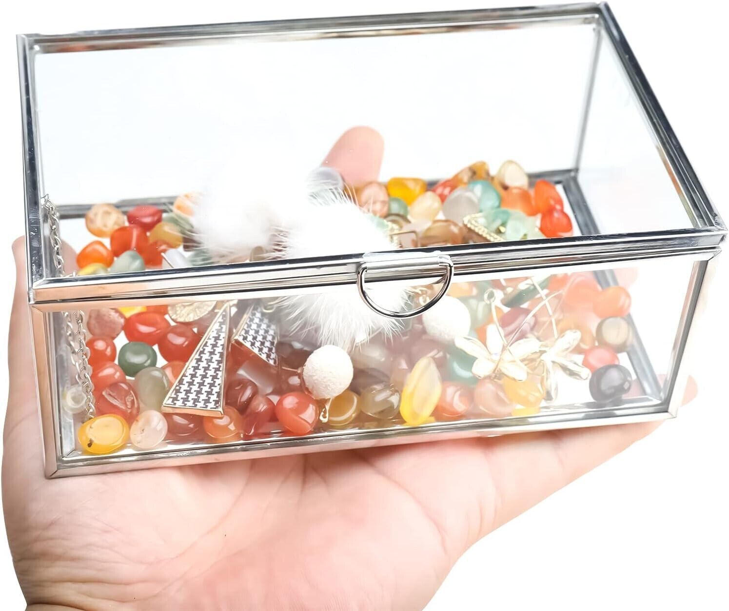 Silver Small Jewelry Display Box Glass Lidded Case with Clear Lid Dustproof Home