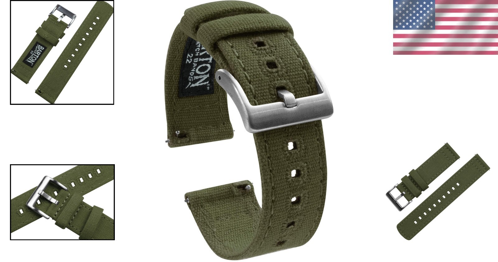 BARTON 22mm Army Green Canvas Quick Release Watch Band – Stylish and Comfortable