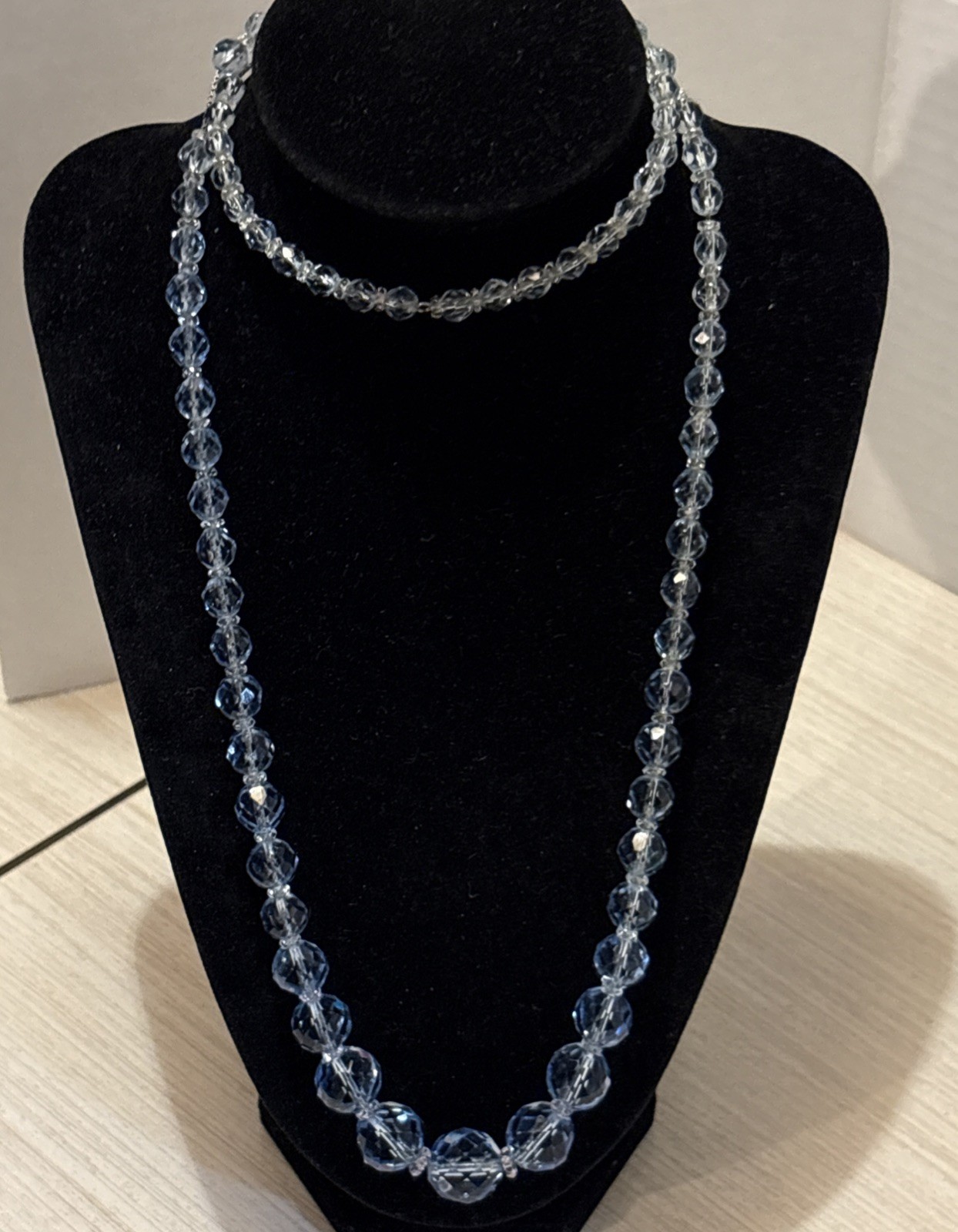 Vintage Art Deco Blue Crystal Beaded Necklace 32” Long Faceted Glass Beads