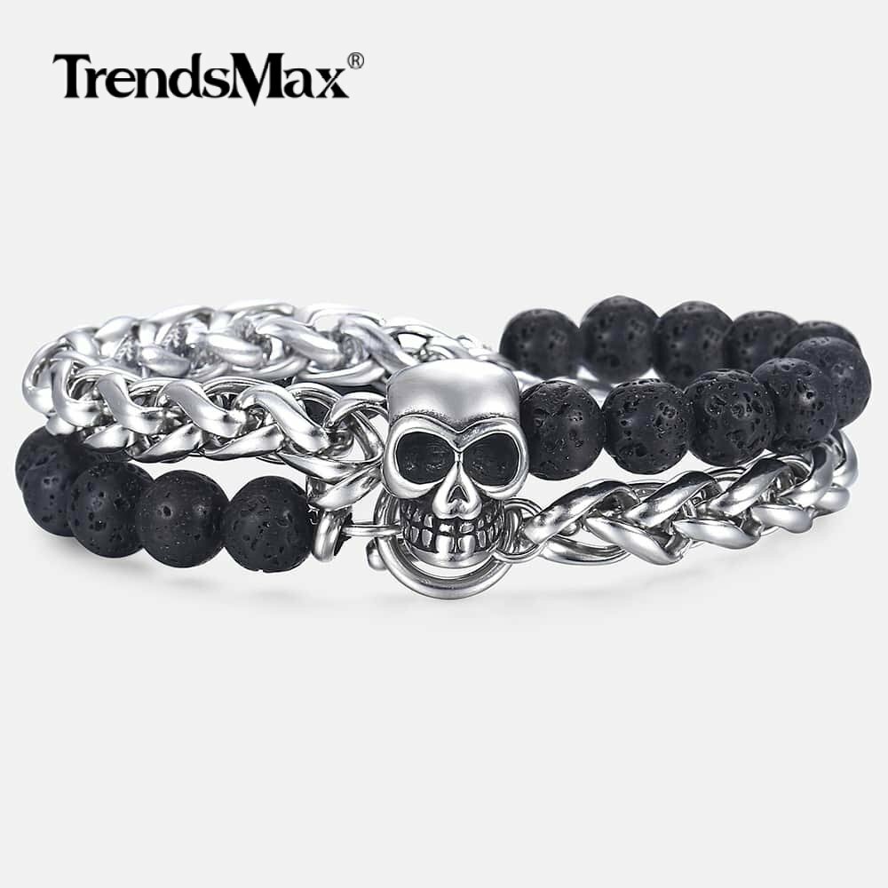 8mm Stainless Steel Skull Charm Wheat Link Bracelet Black Lava Rock Beaded Chain