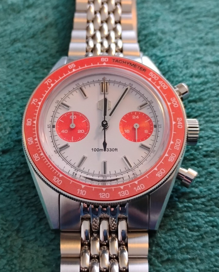 Vivid Orange “Panda” Dial 40mm San Martin VK64 Mechaquartz Chronograph!