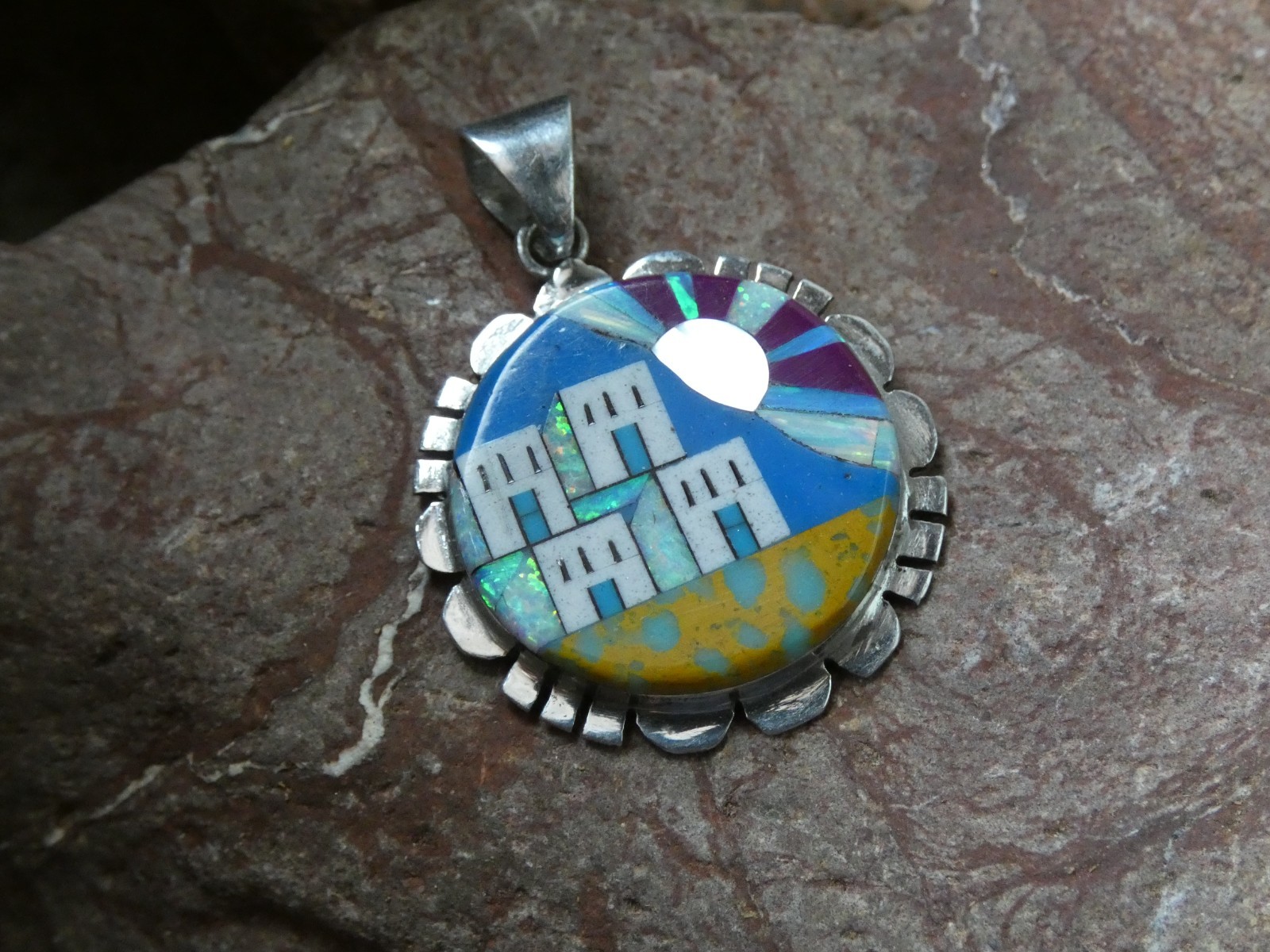 Southwestern Old Pueblo Gemstone Mix Sterling Silver Aluminum Alloy Pendant AT7
