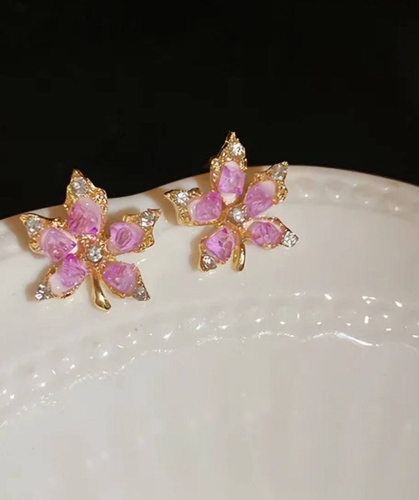 Pink Flower Cluster Stud Earrings Yellow Gold Plated Butterfly Back 2cm Lobe