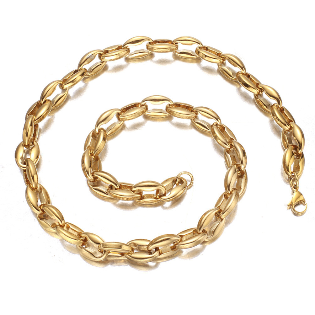 12mm 22″New Gold Tone Men Women Chain Link Stainless Steel Coffee Beads Necklace