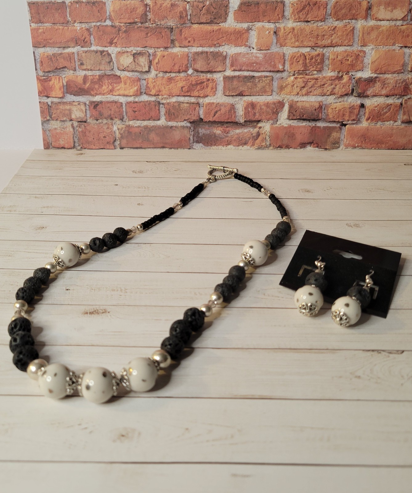 2-Piece Set made with Lava Stone and Porcelain Beads and Silver Plated Findings