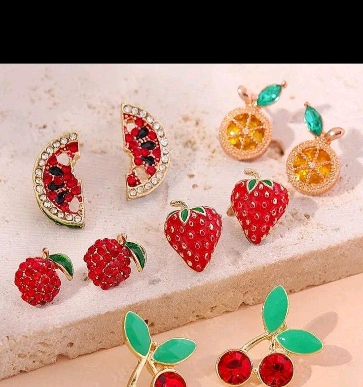 Set Of 5 Micro Mini Stud Earrings, Fruits Embellished With Rinestones. Goldtone