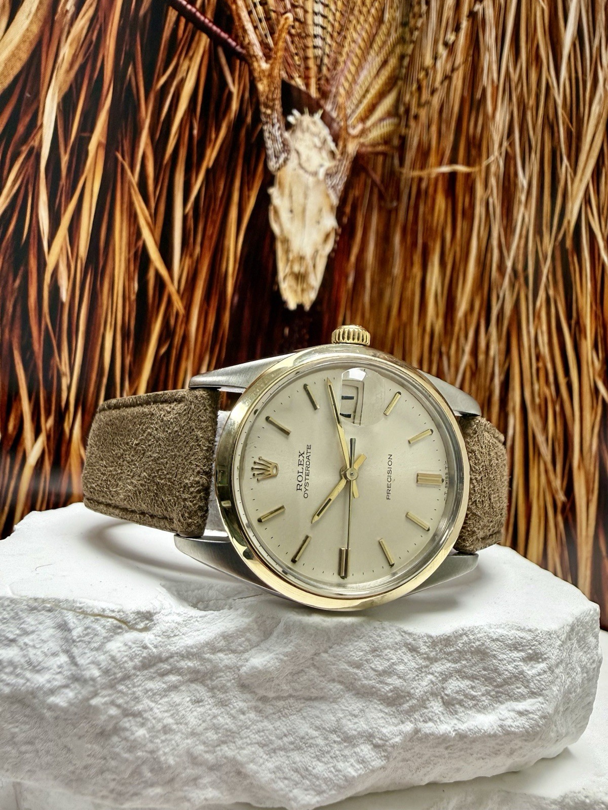 Mens Rolex Oysterdate Precision Stainless Steel Gold Silver Dial 34mm Watch 6694