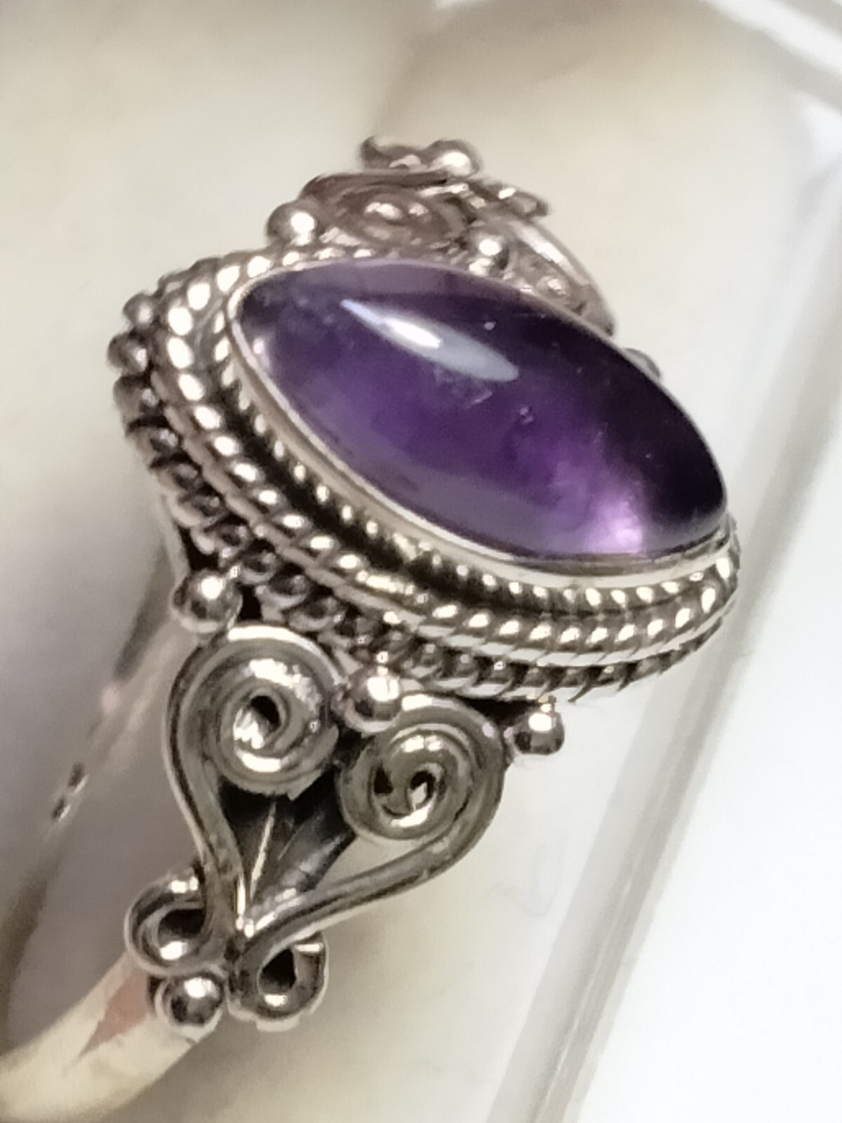 NATURAL AMETHYST IN TRENDY FILIGREE&HALO SET STL. SILVER.925 RING SIZE 9.0-9.25!