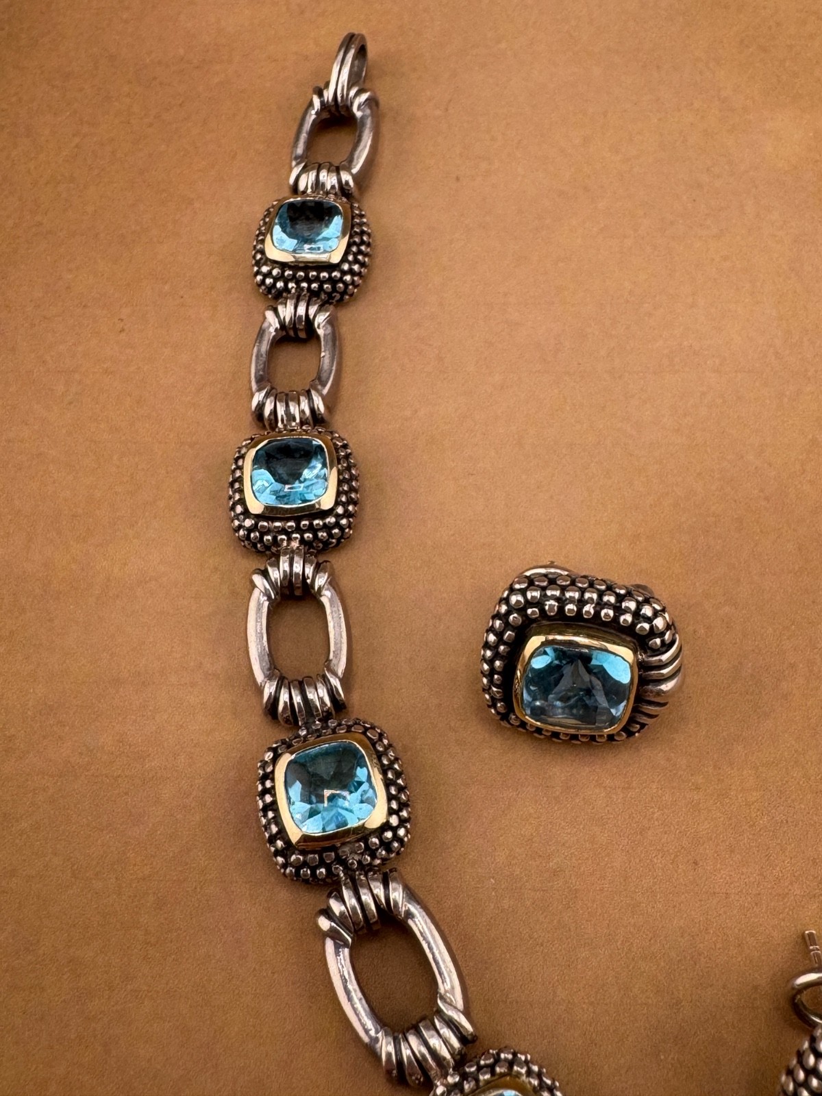 Matched Sterling Silver Bracelet 8″ L and Clip on Earrings 45 grams Blue Stones