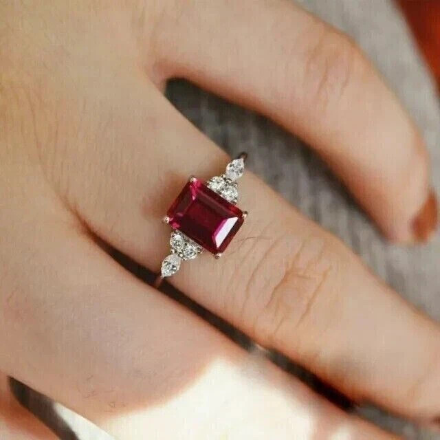 Emerald Cut Simulated Red Ruby 925 Silver Wedding Ring In 14k White Gold Plated