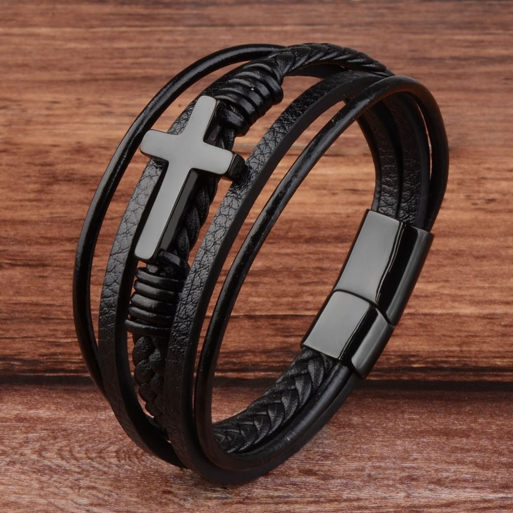 Retro Men’s Magnetic Buckle Faux Leather Fabric Stainless Steel Braided Bracelet