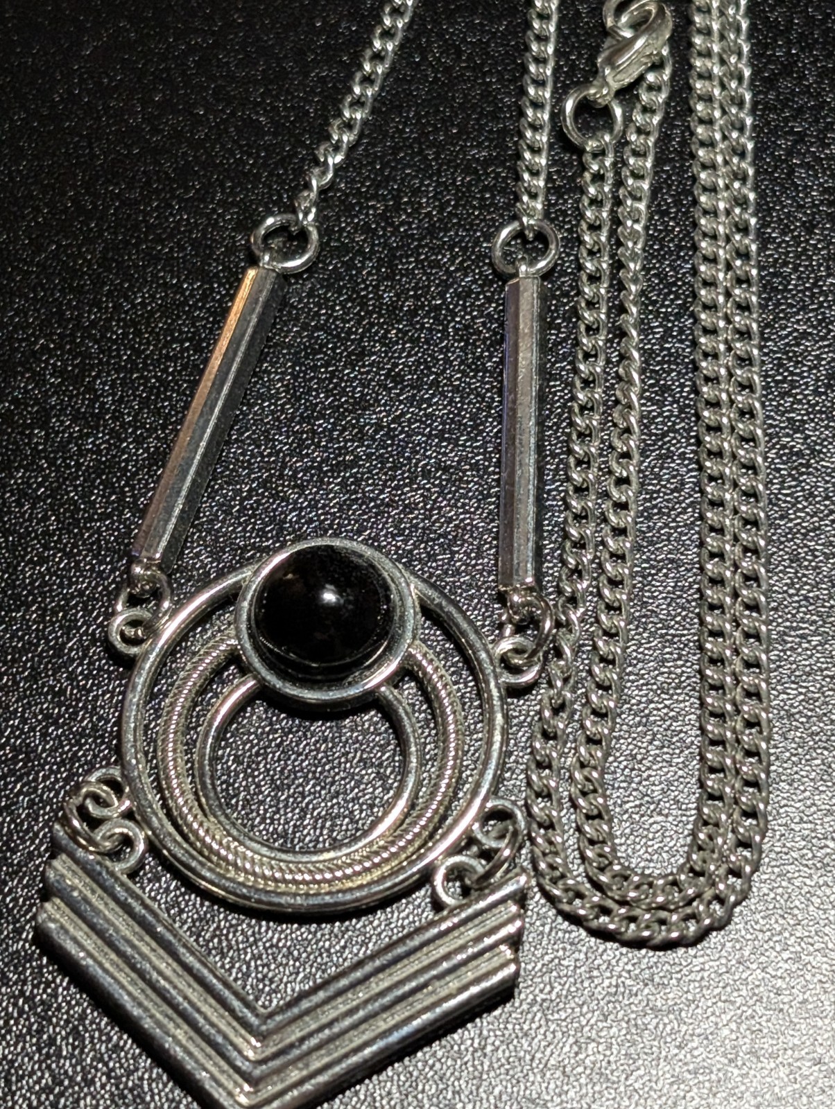 Vintage Art Deco Geometric Chevron Pendant Necklace Silver Tone Black Onyx Style