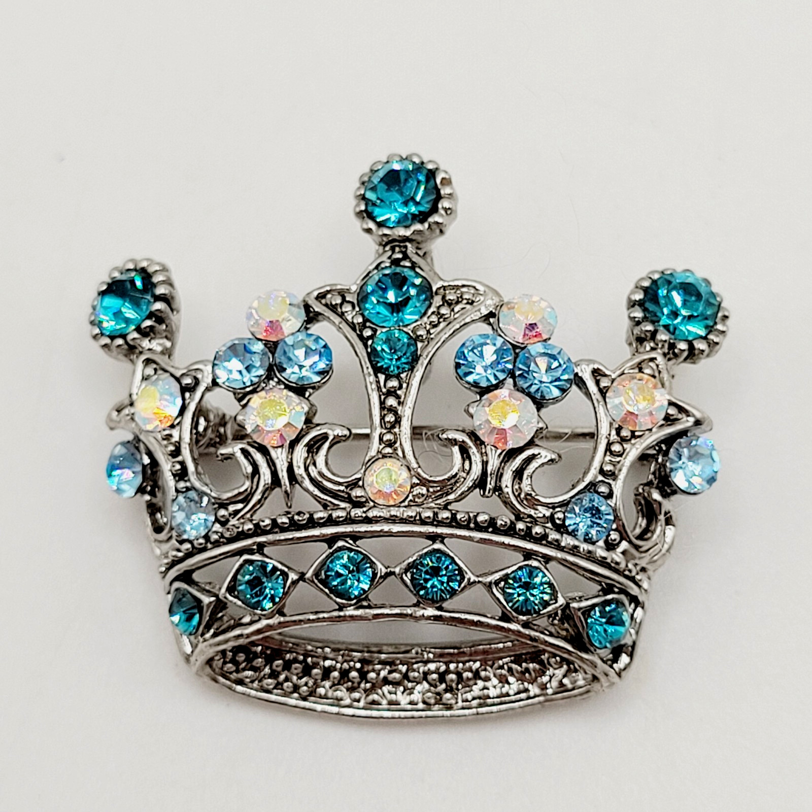 Regal Royal Queen Crown with Light Blue Rhinestone Silver Tone Pendant Brooch