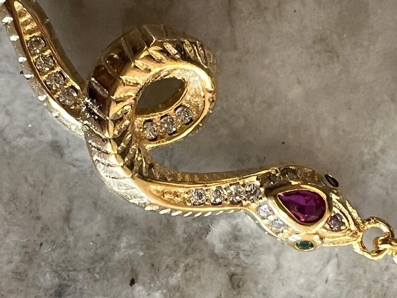 REAL 14K Y Gold on Solid 925 ruby diamond Snake Bracelet Victorian Egyptian Rev.