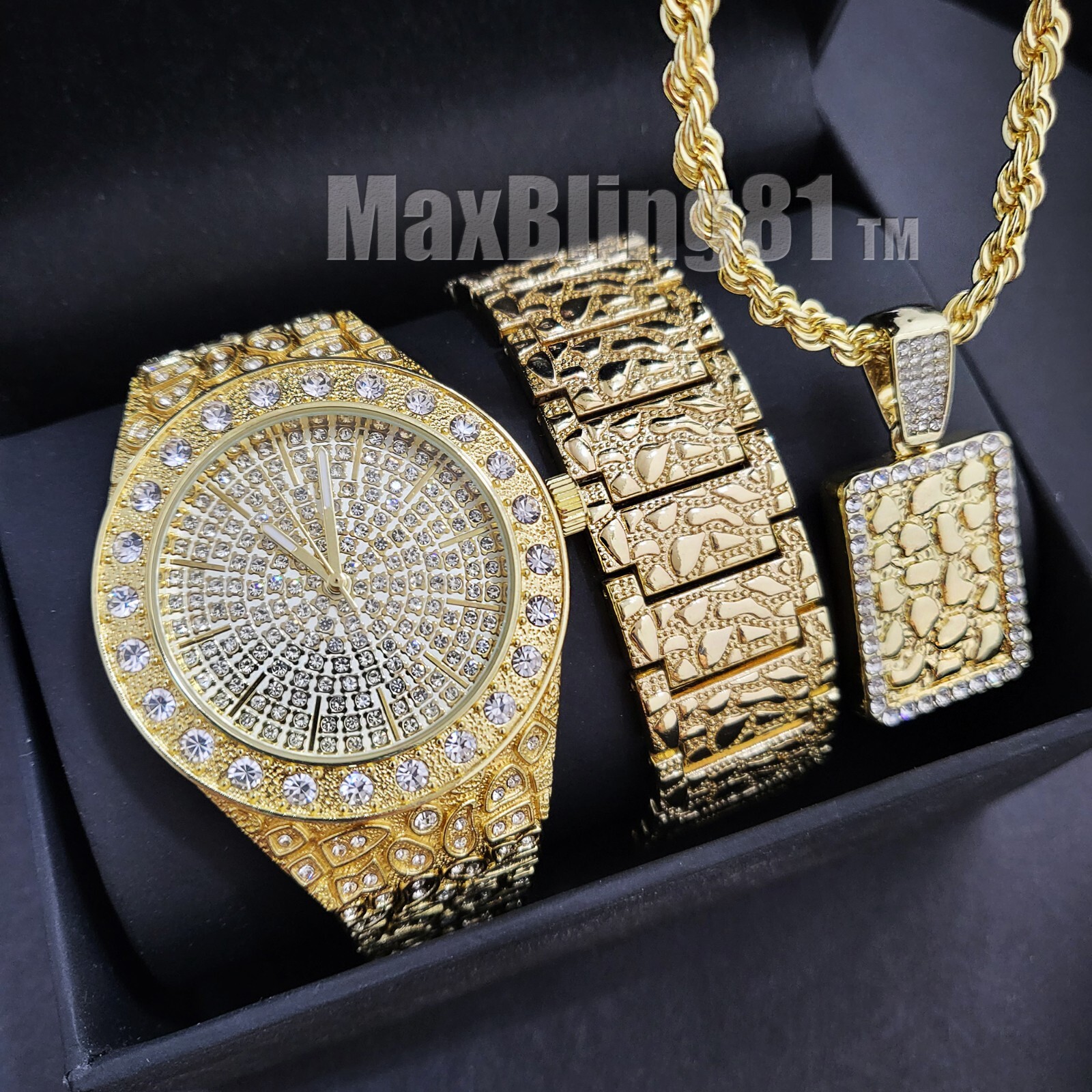 HIP HOP GOLD PLATED BLING GOLDEN NUGGET WATCH & NECKLACE & EARRINGS GIFT SET