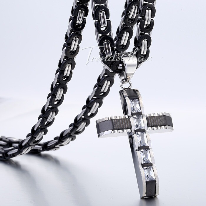 18-30“ Stainless Steel CZ Rhinestone Cross Pendant Necklace Flat Byzantine Chain