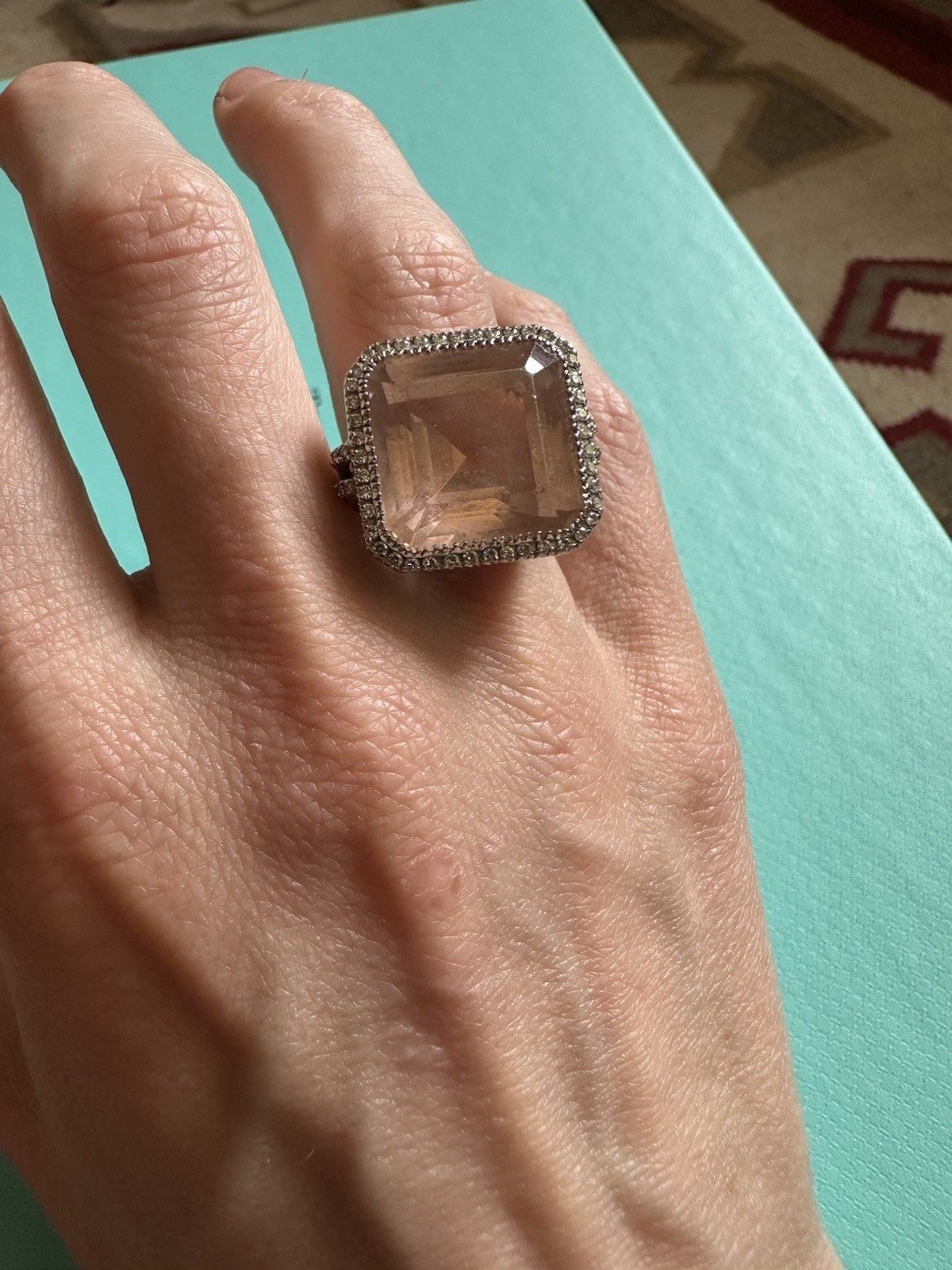 Vintage Estate 18k White Gold Pink Topaz And Diamond Cocktail Ring 4.5