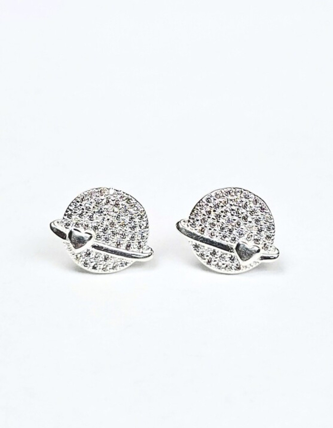 Arete Stud Earrings Plata 925 Mex. Sterling Silver Saturn Planet Design CZ
