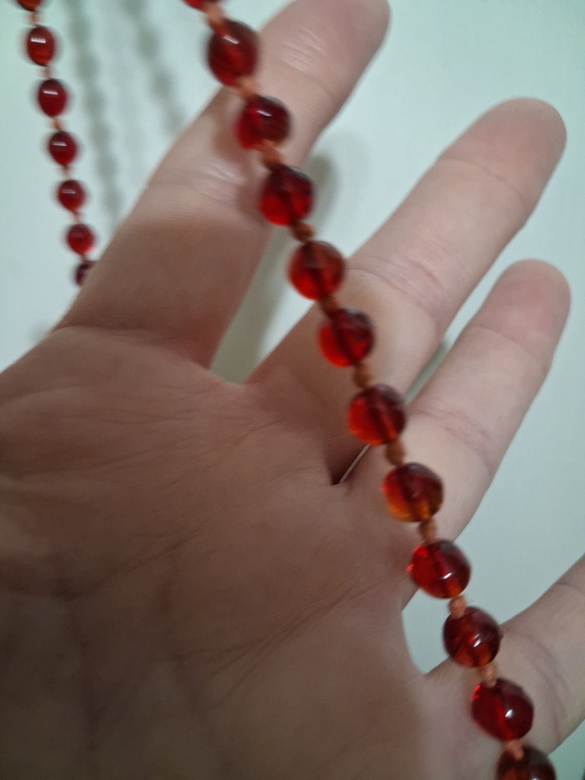 Antique Hand Tied Red Glass Bead Long Necklace