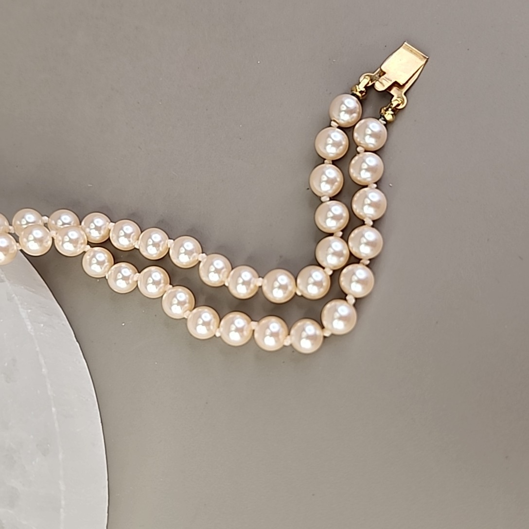 Vintage Faux Pearl Beaded Bracelet Two Strand Cream Knotted Push Lock 7″