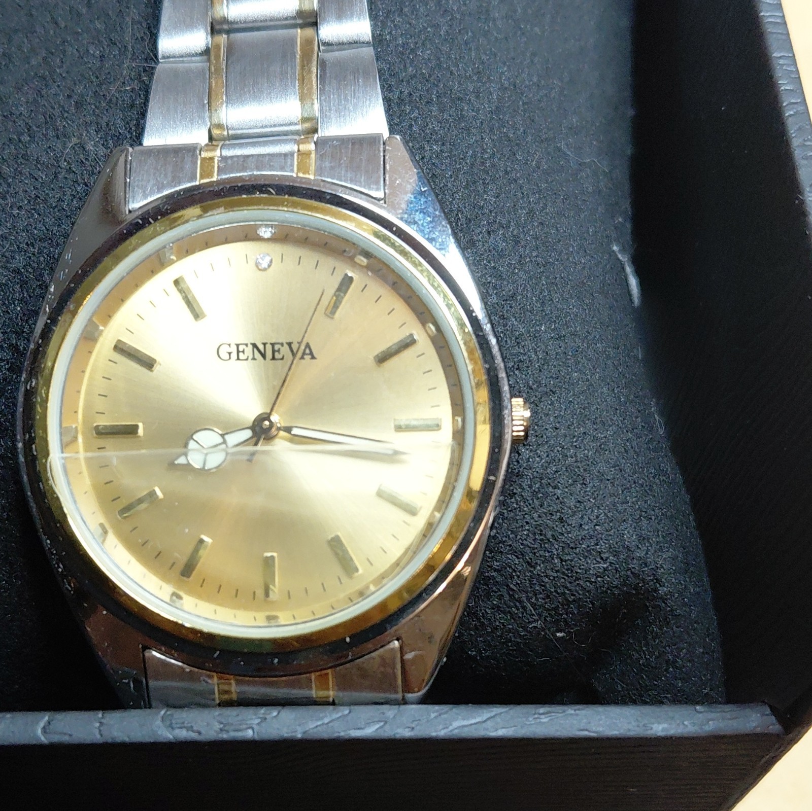 Geneva Quartz Analog Watch, Gold Dial, Two-Tone SS Bracelet, Luminous Hands.