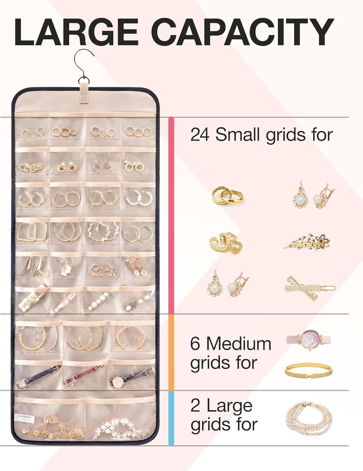 Hanging Jewelry Organizer Storage Roll with Metal Hooks Double-Sided for