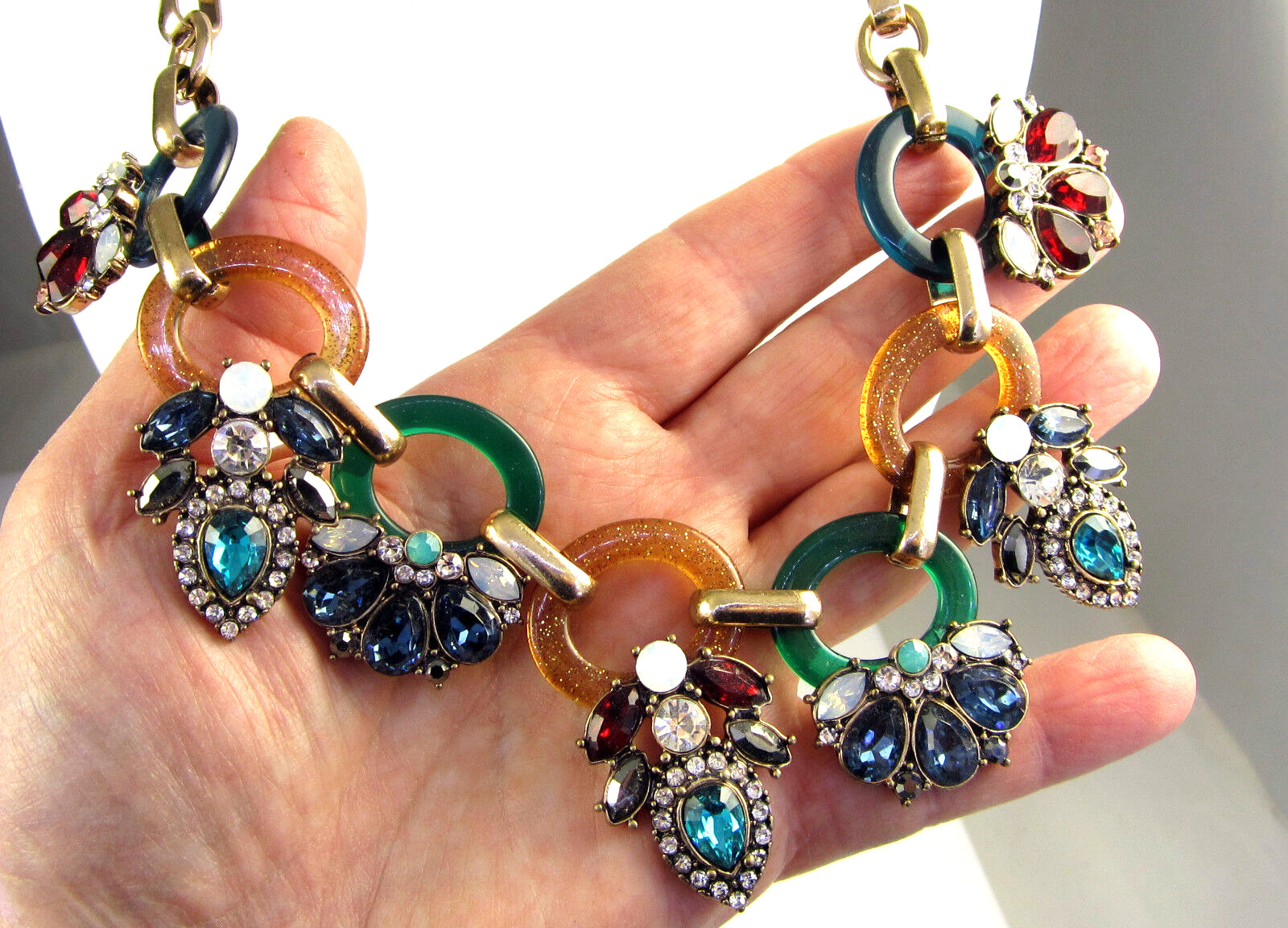 Estate Gorgeous Colorful Sparkling Resin Rhinestone Goldtone Collar Necklace