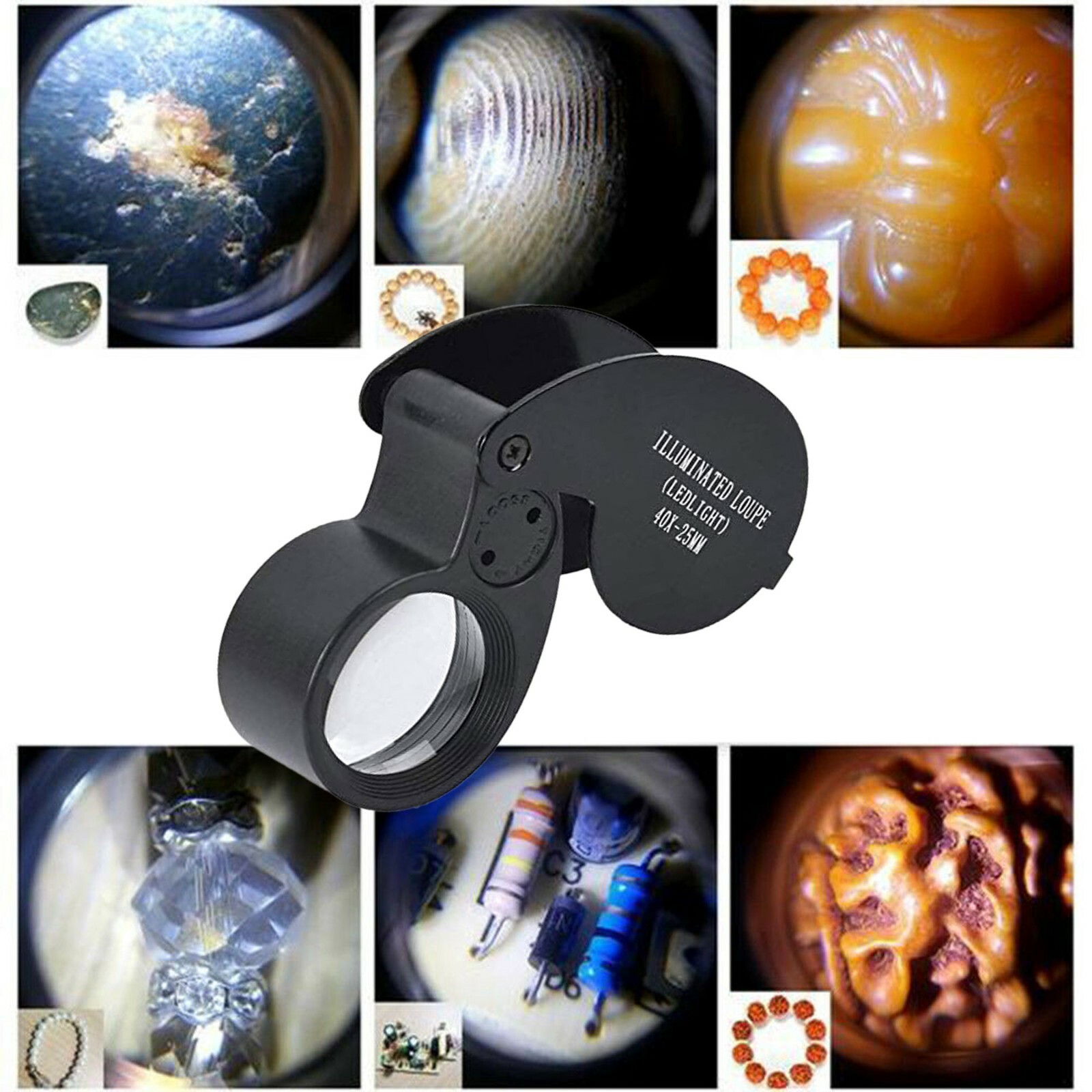 40X Magnifying Loupe Jewelry Eye Glass Magnifier LED Light Jewelers Loop Pocket