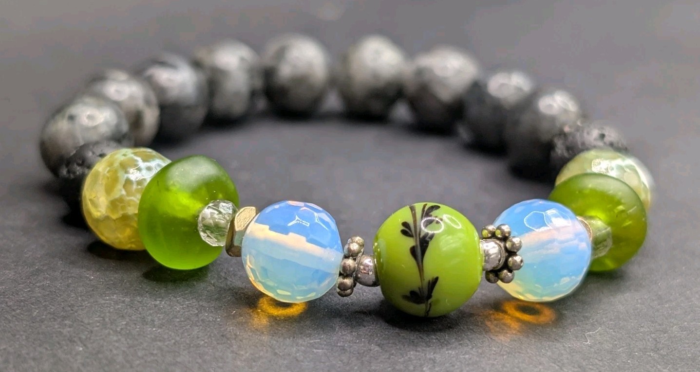 Green Natural Stone Tiberian Agate Beaded Stretch Bracelet (15cm) XS Wrist