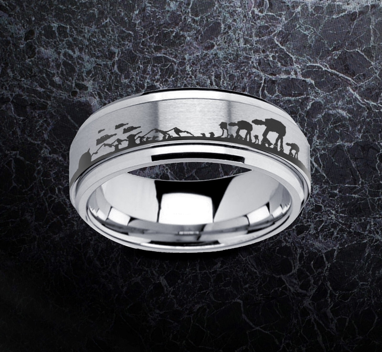Star Wars Hoth Battle Scene Spinner Ring, Tungsten Carbide Wedding Ring 8mm