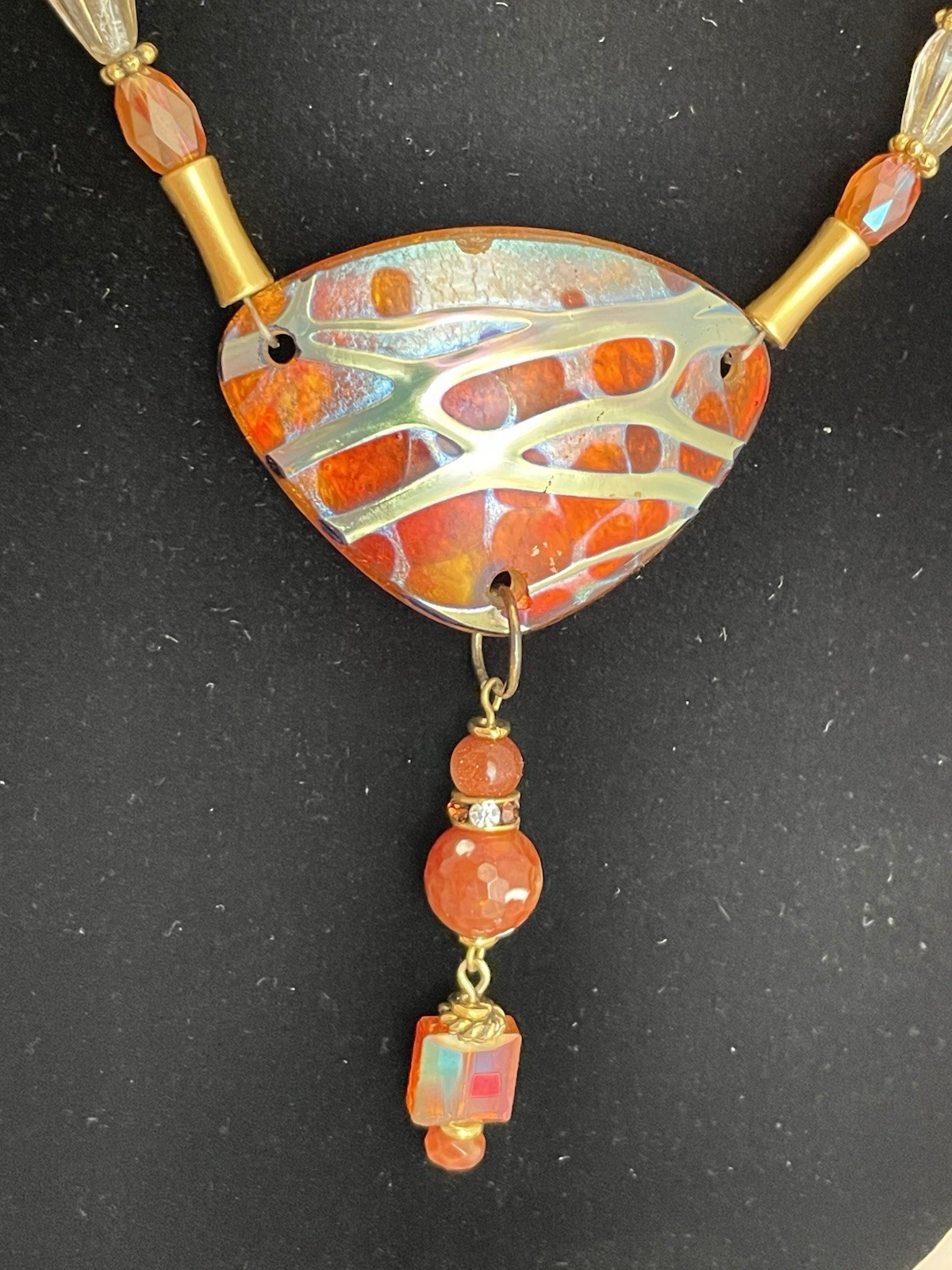 Metal Glass Quartz Stone Pendant Necklace 25 inch Stunning Fire Gift Artisan