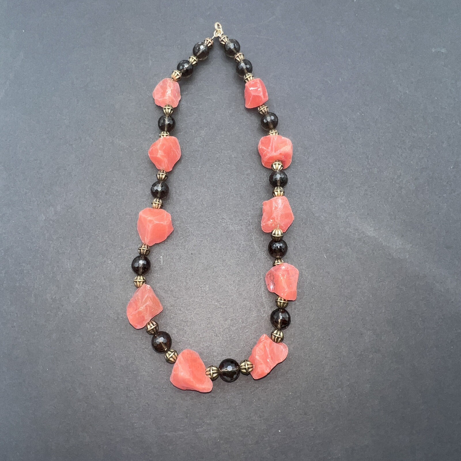 Peach Stone Himalayan Salt Rocks and Blue Glass Bead Necklace 10″