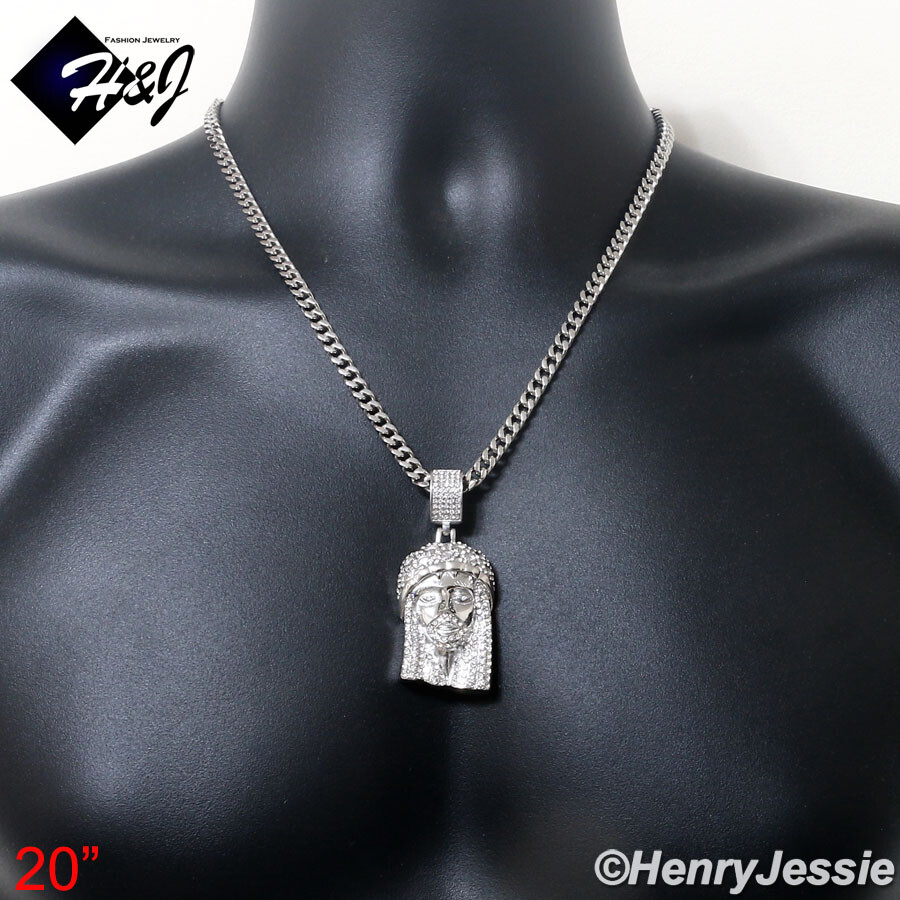 18″-40″MEN Stainless Steel 5mm Silver Cuban Curb Chain CZ Jesus Face Pendant*150
