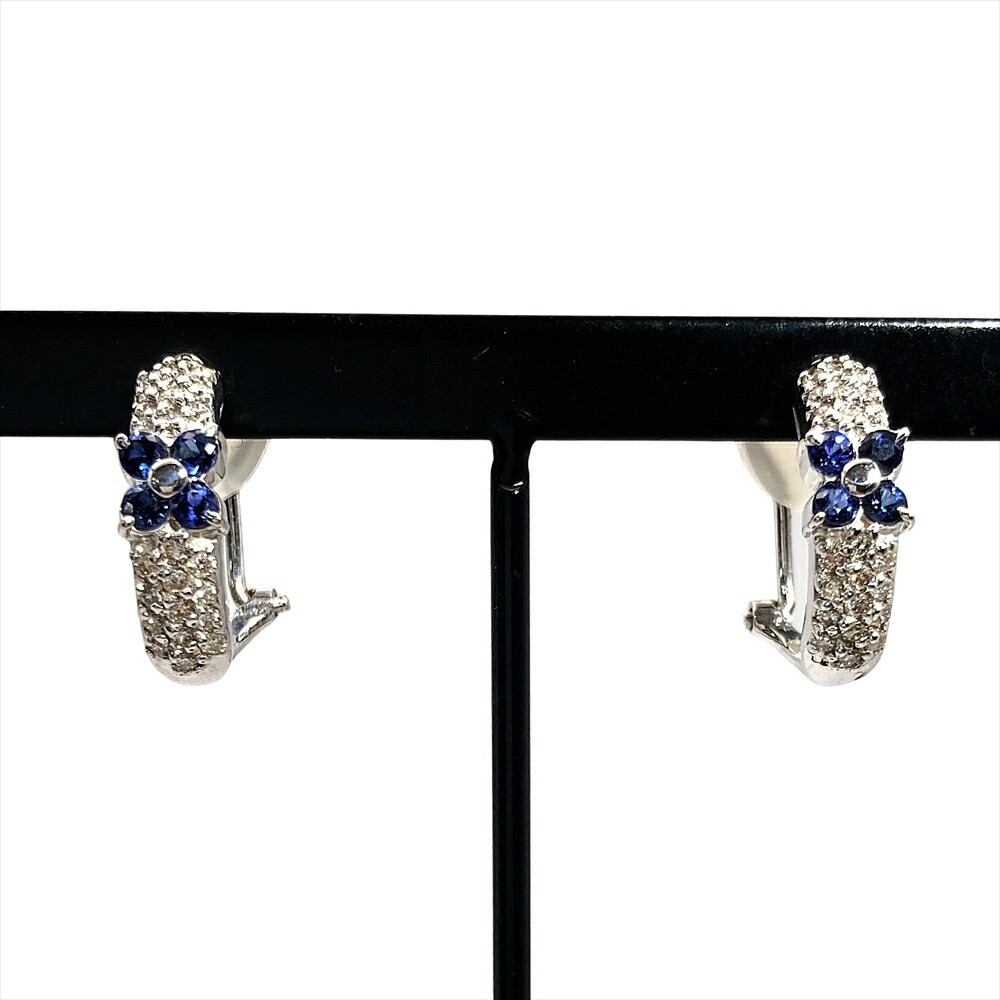 Sapphire 0.27ct Diamond 0.188ct Flower Earrings 18K White Gold 4.7g