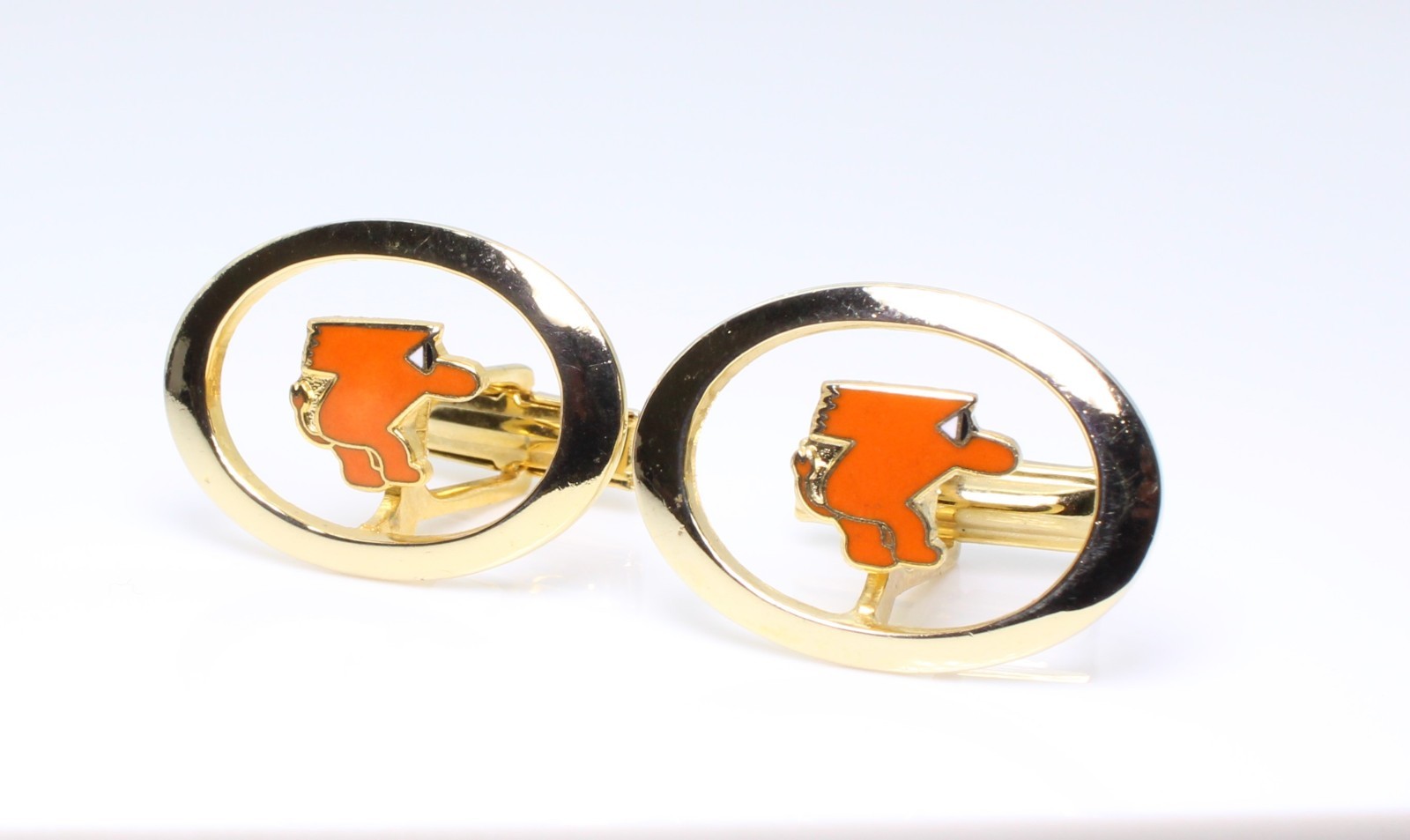 Vintage 1950s Orange Enamel Mascot Floating Logo Cufflinks MCM Gremlin Gnome