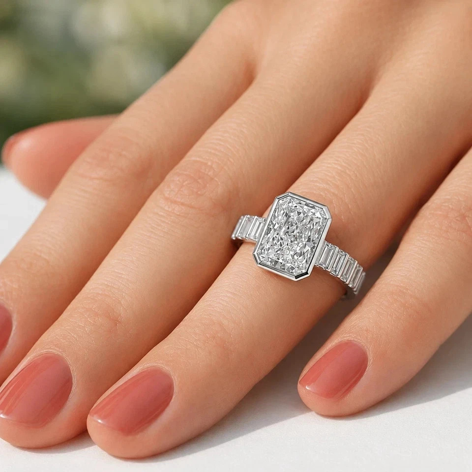 5.35 Ct Radiant EF/VS1 Lab Grown Diamond Bezel Wedding Ring 14k White Gold IGI