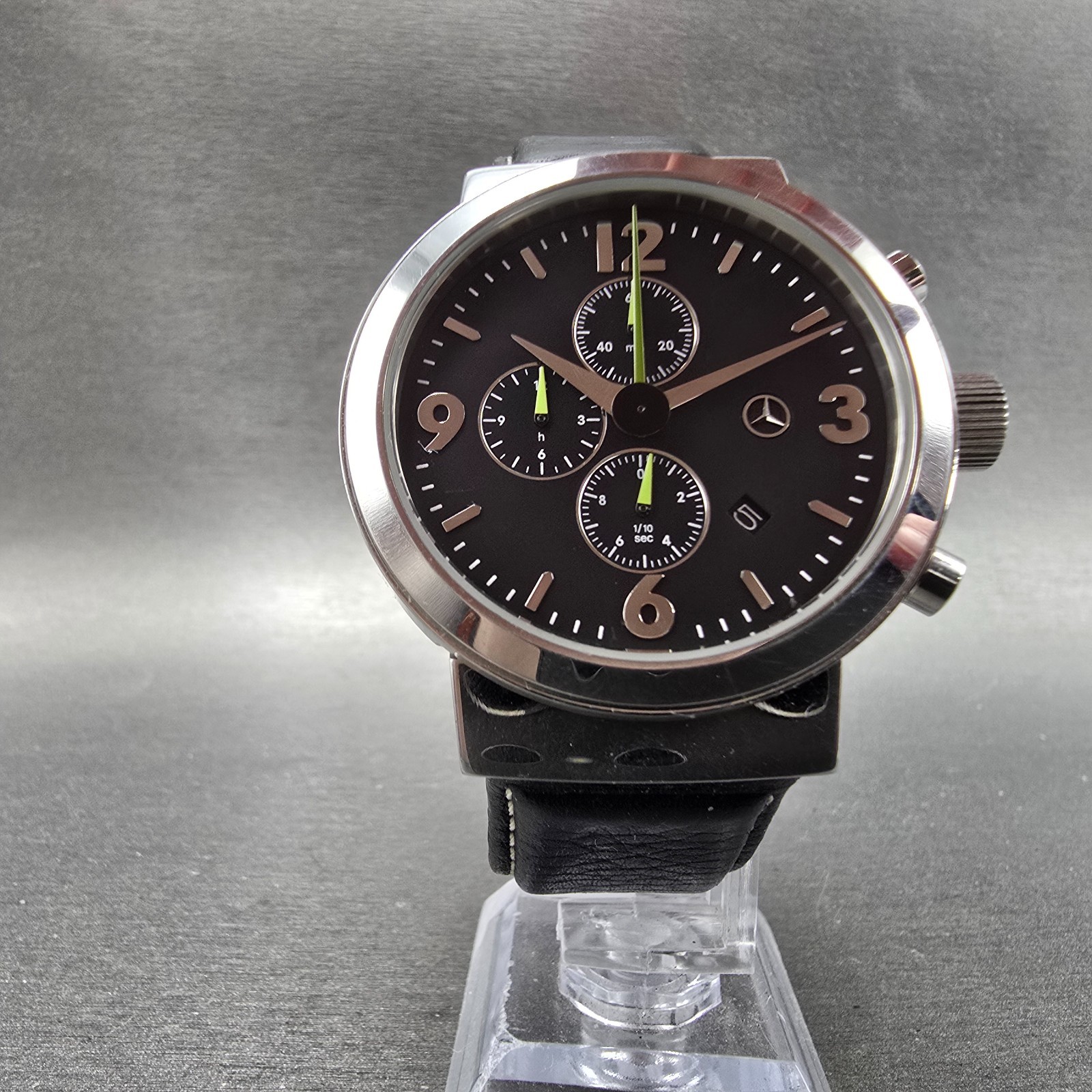 Mercedes Benz Chronograph Watch Men 42mm Black Dial Steel Date Round New Battery