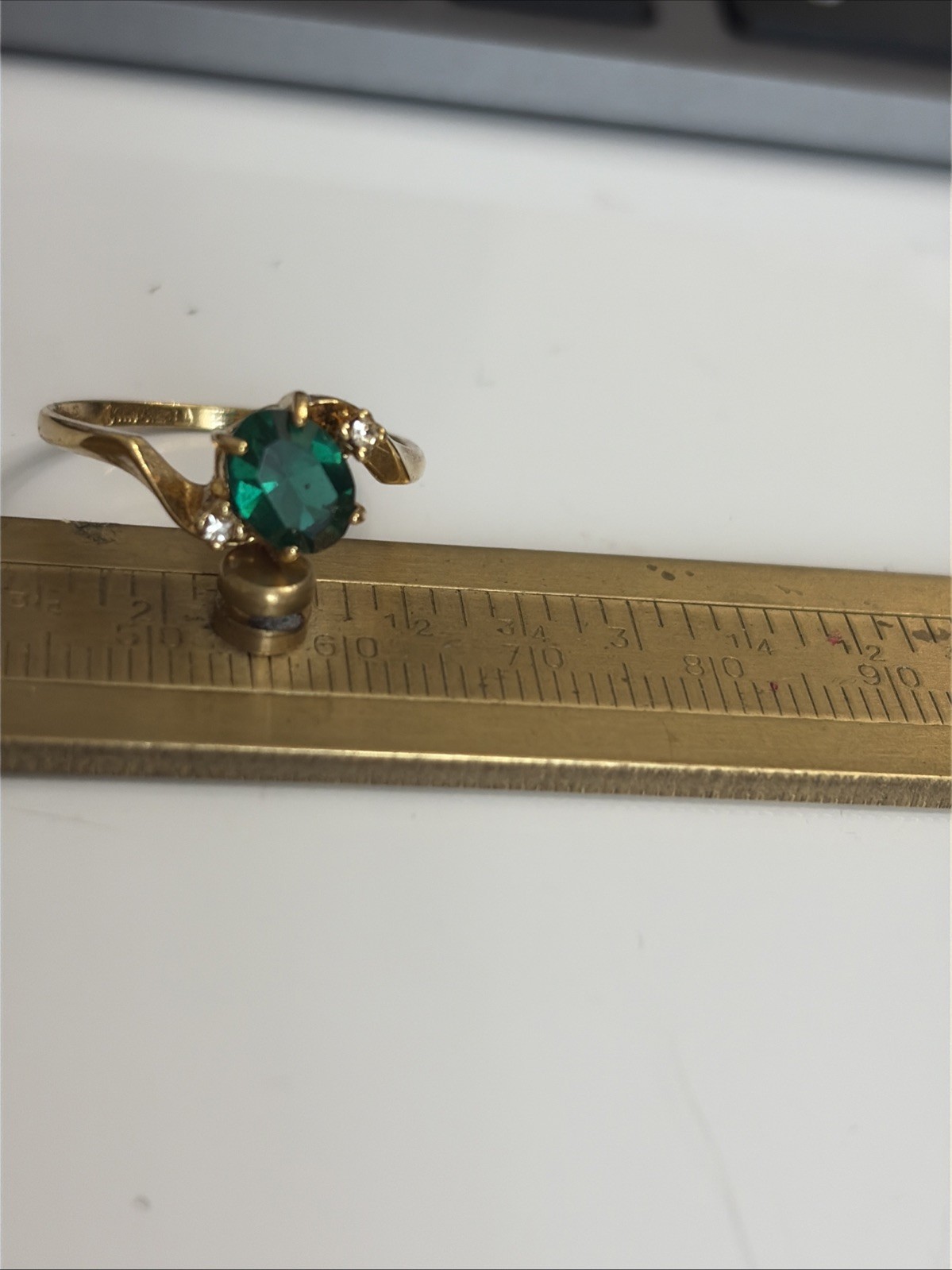 Vintage Gold Filled Ring Green Glass & Rhinestones 8.75 Marked inside