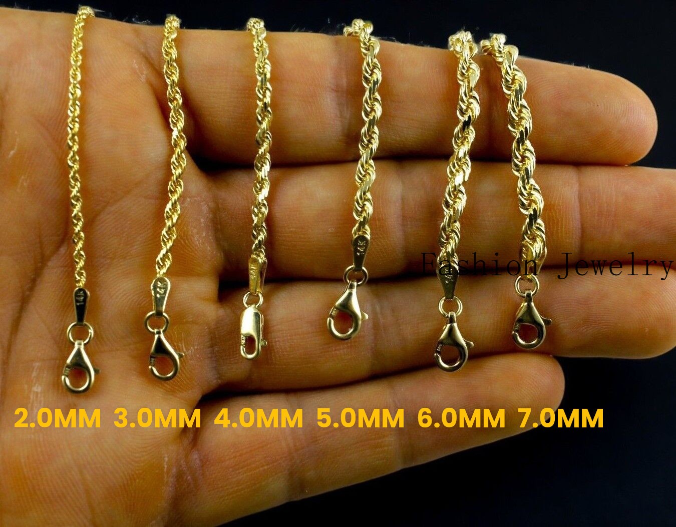 14K Yellow Gold Rope Chain Necklace Diamond Cut Real Gold 1mm-10mm 16″-30″
