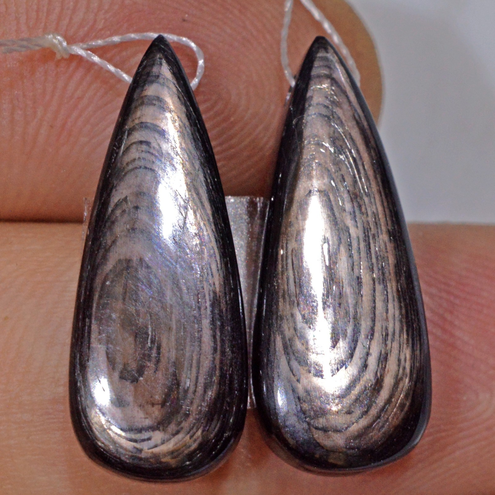 25 Cts Natural Hypersthene Gemstone Cab Side Drill Earrings Pair 24x8mm #P1648