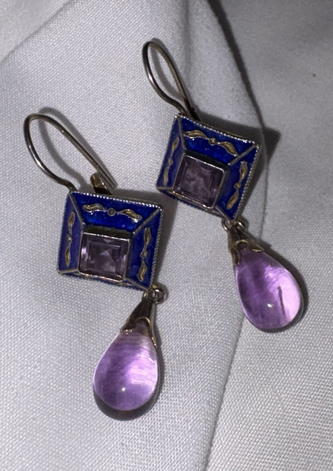 SS925 Amethyst Earrings With Blue Enamel & Gold Vermeil Decor Over SS