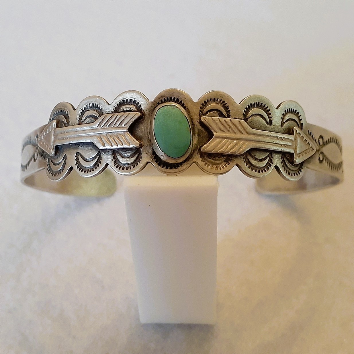 Vintage Fred Harvey Era Navajo Coin Silver Turquoise Stone Cuff Bracelet Stamped