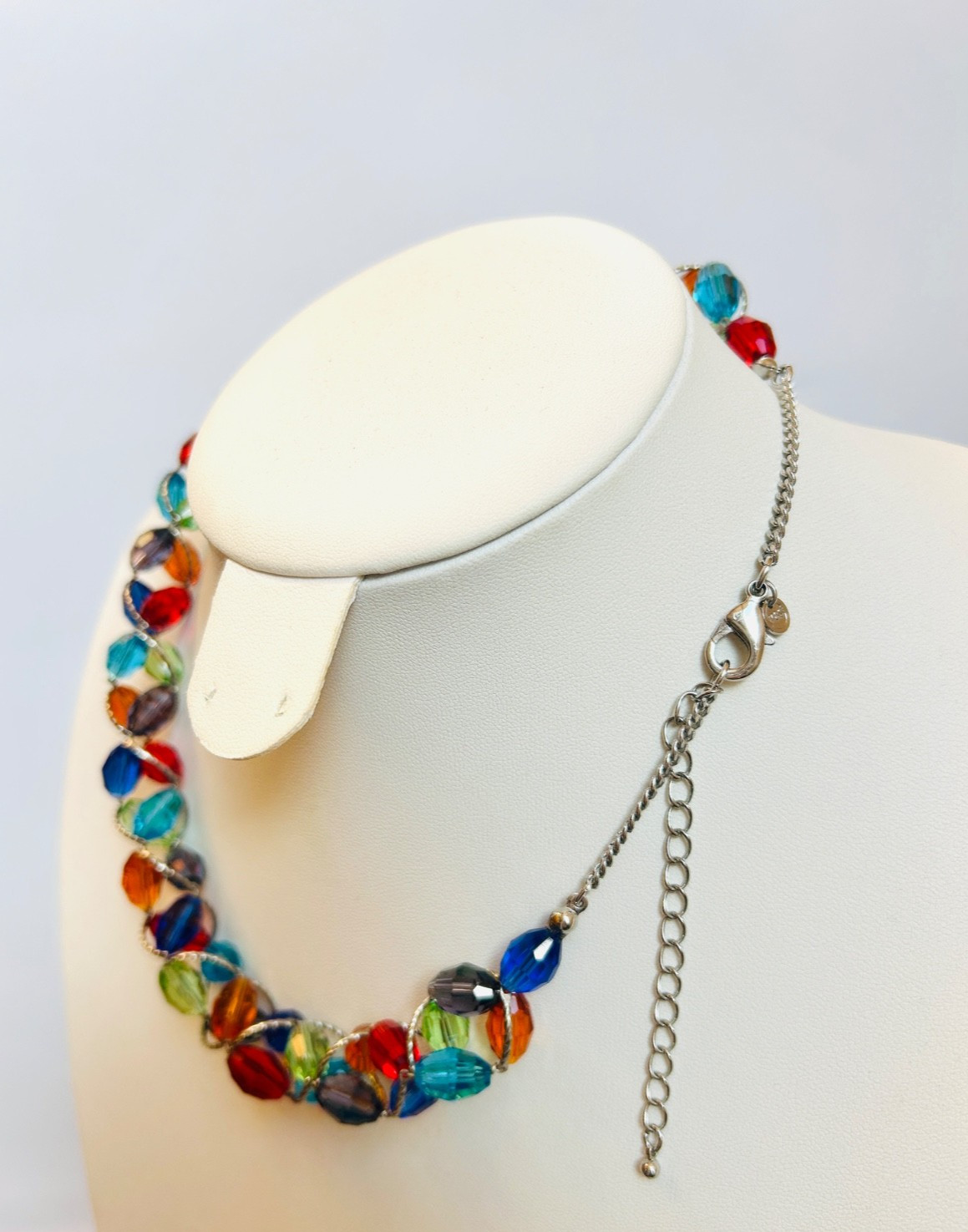 M&S Glass Necklace Red Green Blue Amber Purple Silver Tone Metal Vintage