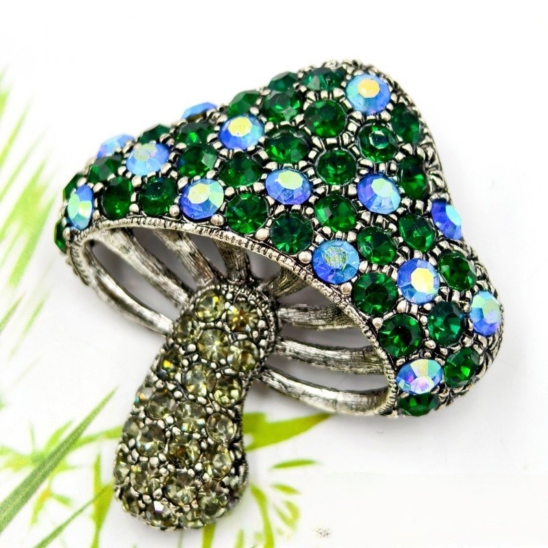 2Pcs Retro Mushroom Brooches, Glittering with Green and Blue Gemstones