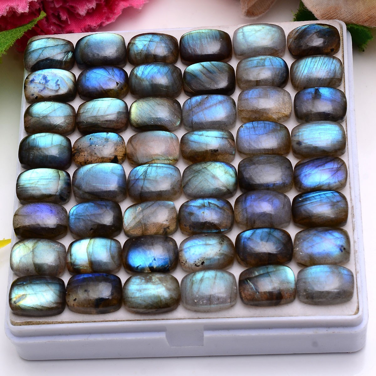 Set Of 18 Pcs Natural Labradorite 14mmx10mm Cushion Cabochon Loose Gemstones Lot
