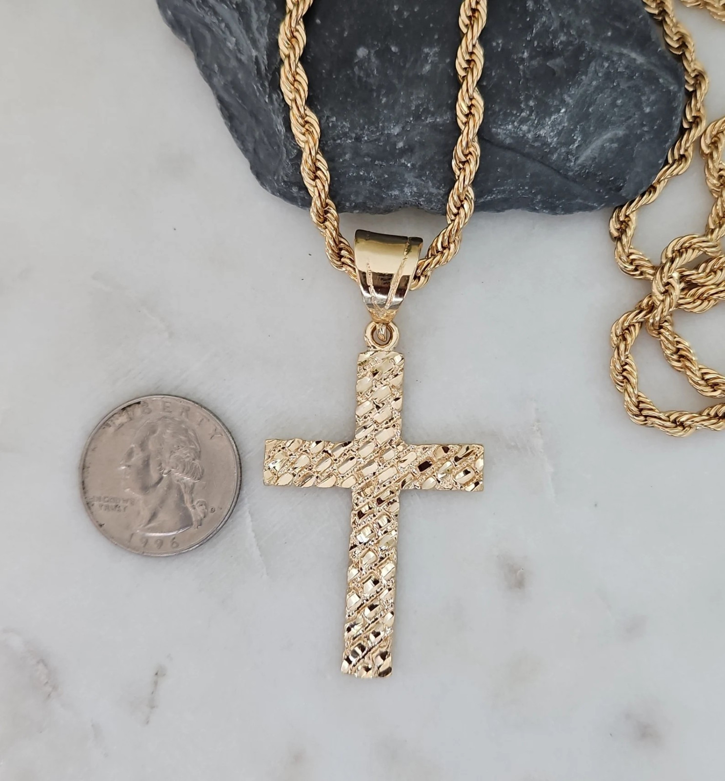 Large Gold Nugget Cross, 5mm French Rope Chain, 14k Heavy Plated