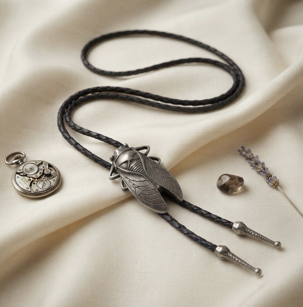Western Insect Slide Bolo Tie Silver Tone Black Leather Cord Adjustable